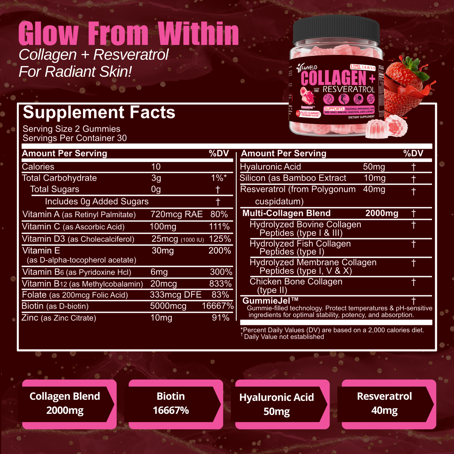 Multi Collagen Gummies Peptides Hydrolyzed Type I, II, III, V, X Plus Resveratrol Hyaluronic Acid & Biotin Gummies for Hair Skin and Nails Vitamins | Colageno Hidrolizado for Women & Men | Sugar Free