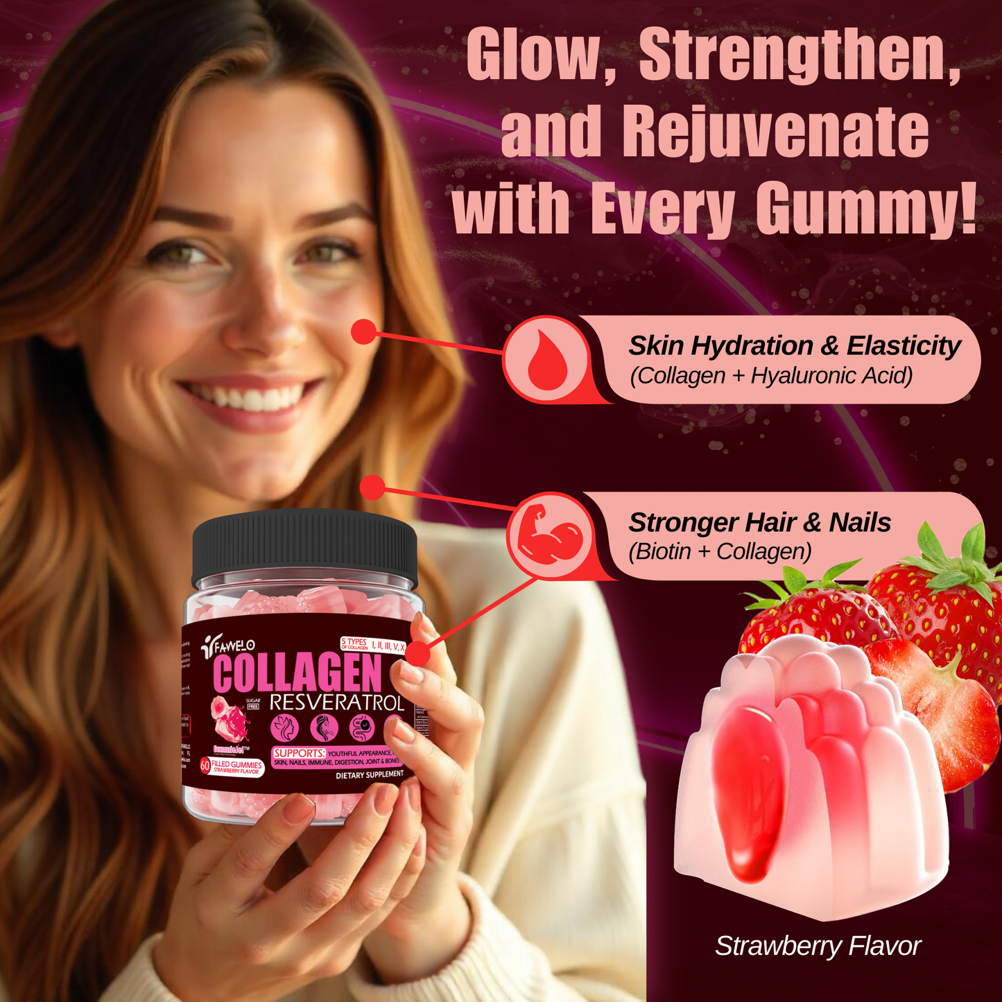 Multi Collagen Gummies Peptides Hydrolyzed Type I, II, III, V, X Plus Resveratrol Hyaluronic Acid & Biotin Gummies for Hair Skin and Nails Vitamins | Colageno Hidrolizado for Women & Men | Sugar Free