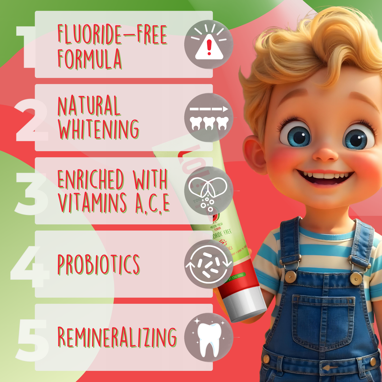 LOL Kids Fluoride-Free Toothpaste with Nano Hydroxyapatite, Probiotics, Vitamins A, C, E | Safe if Swallow, 100% Natural Whitening, No SLS, No Artificial Colors (3.5oz, Melon Fresh Flavor)