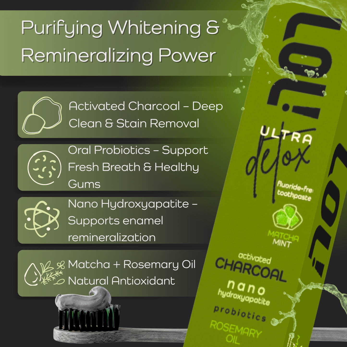 LOL Ultra Detox Activated Charcoal Toothpaste Whitening - Nano Hydroxyapatite, Probiotics, Matcha, Rosemary Oil, Xylitol, Fluoride Free