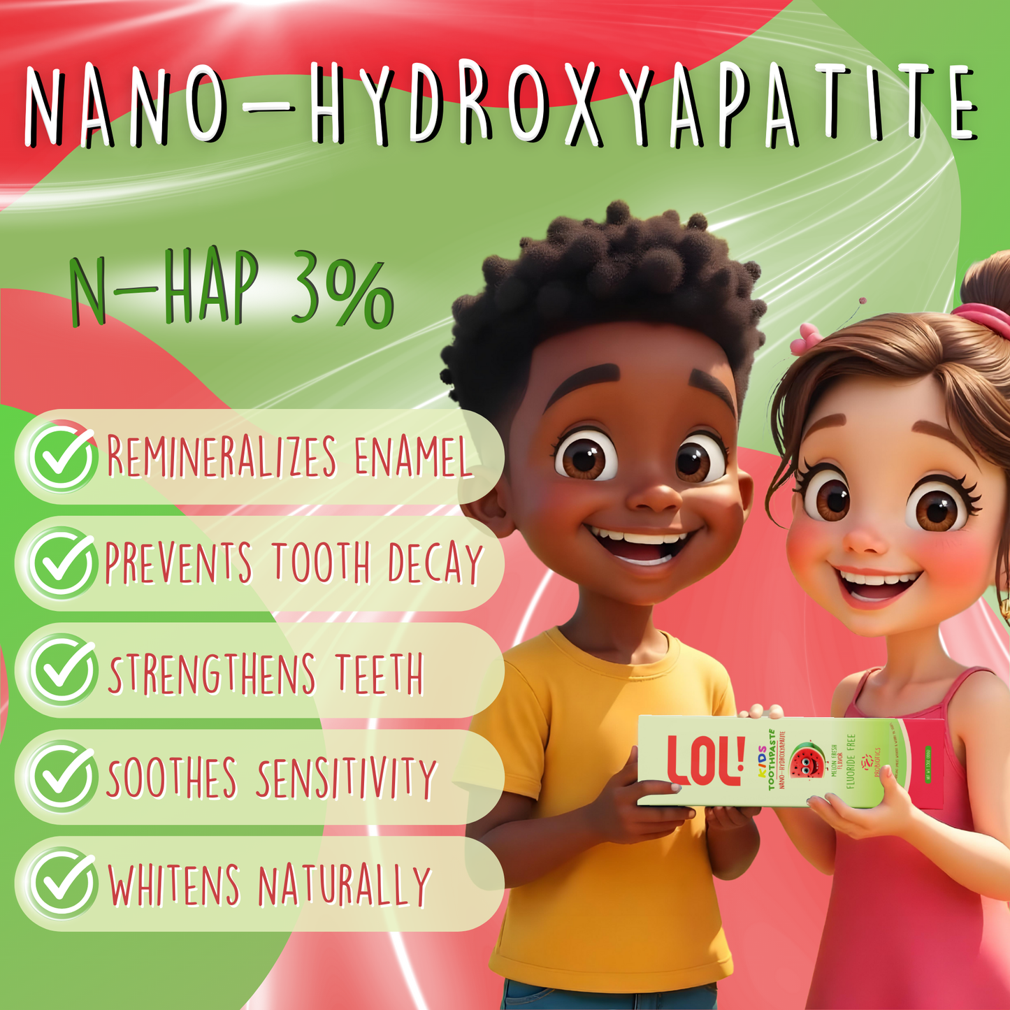 LOL Kids Fluoride-Free Toothpaste with Nano Hydroxyapatite, Probiotics, Vitamins A, C, E | Safe if Swallow, 100% Natural Whitening, No SLS, No Artificial Colors (3.5oz, Melon Fresh Flavor)