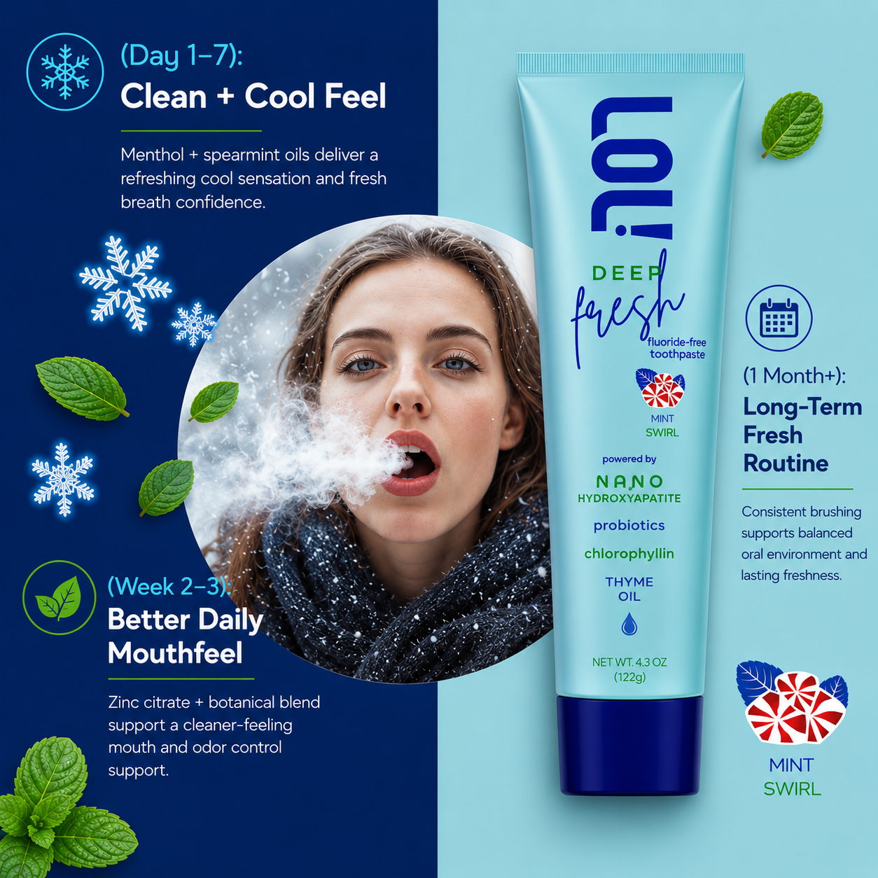 LOL! Deep Fresh Mint Swirl, Fluoride Free Toothpaste - Bad Breath Treatment for Adults | Nano Hydroxyapatite, Probiotics, Chlorophyllin & Thyme Oil, Parsley + Zinc Odor Neutralizing, 4.3oz