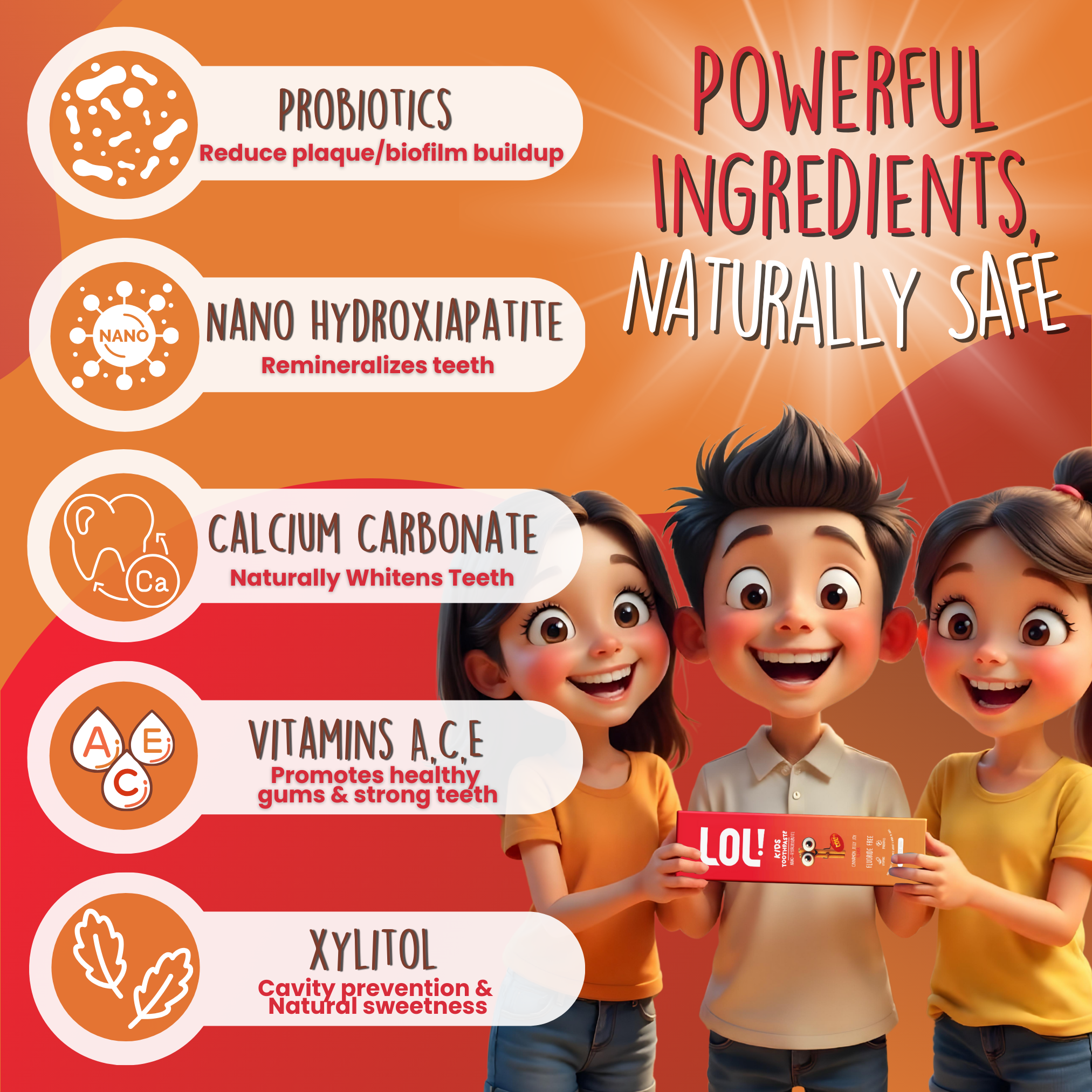 LOL Kids Fluoride-Free Toothpaste with Nano Hydroxyapatite, Probiotics, Vitamins A, C, E | Safe if Swallow, 100% Natural Whitening, No SLS, No Artificial Colors (3.5oz, Cinnamon Jelly Joy)