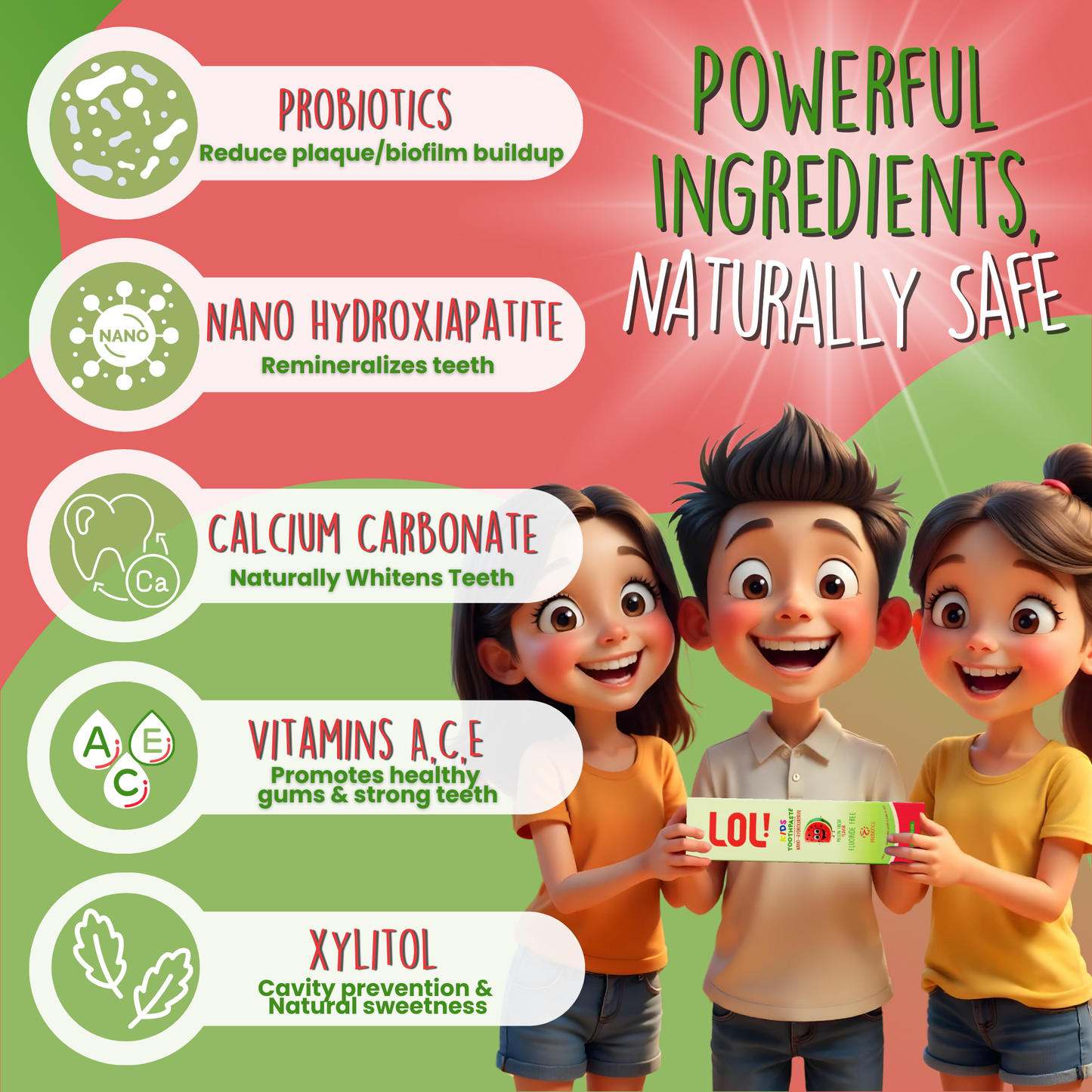 LOL Kids Fluoride-Free Toothpaste with Nano Hydroxyapatite, Probiotics, Vitamins A, C, E | Safe if Swallow, 100% Natural Whitening, No SLS, No Artificial Colors (3.5oz, Melon Fresh Flavor)