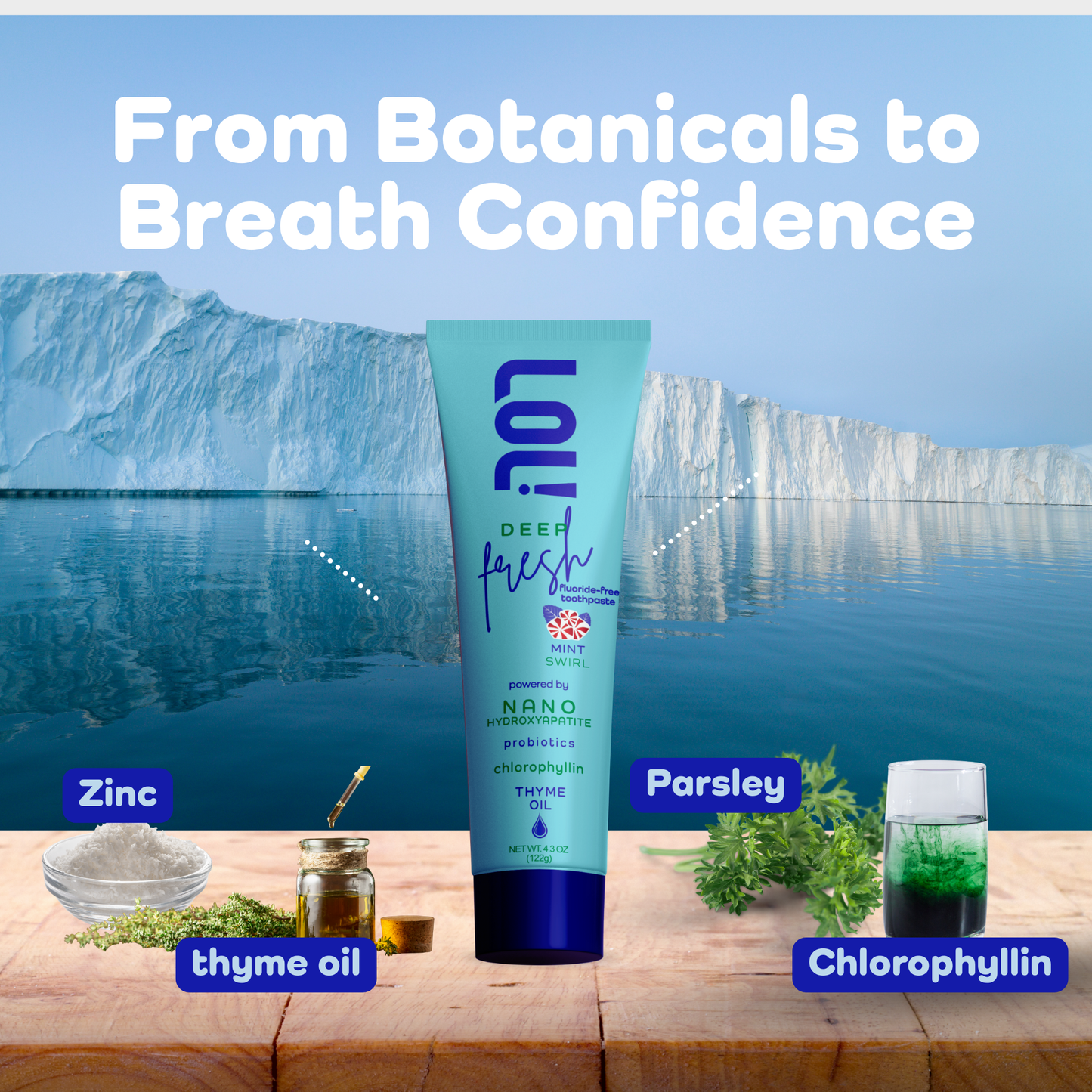 LOL! Deep Fresh Mint Swirl, Fluoride Free Toothpaste - Bad Breath Treatment for Adults | Nano Hydroxyapatite, Probiotics, Chlorophyllin & Thyme Oil, Parsley + Zinc Odor Neutralizing, 4.3oz