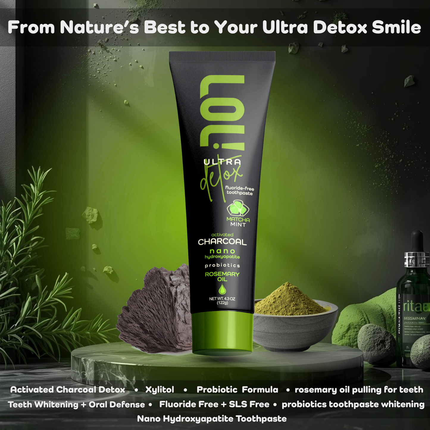 LOL Ultra Detox Activated Charcoal Toothpaste Whitening - Nano Hydroxyapatite, Probiotics, Matcha, Rosemary Oil, Xylitol, Fluoride Free