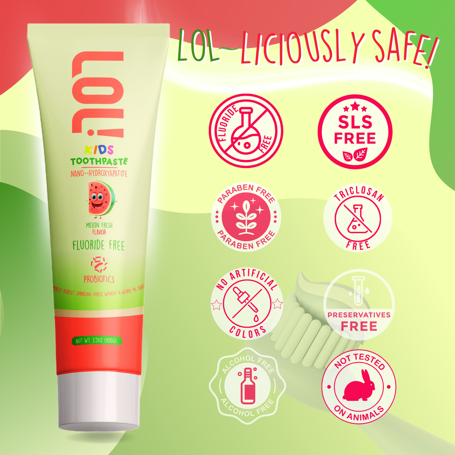 LOL Kids Fluoride-Free Toothpaste with Nano Hydroxyapatite, Probiotics, Vitamins A, C, E | Safe if Swallow, 100% Natural Whitening, No SLS, No Artificial Colors (3.5oz, Melon Fresh Flavor)