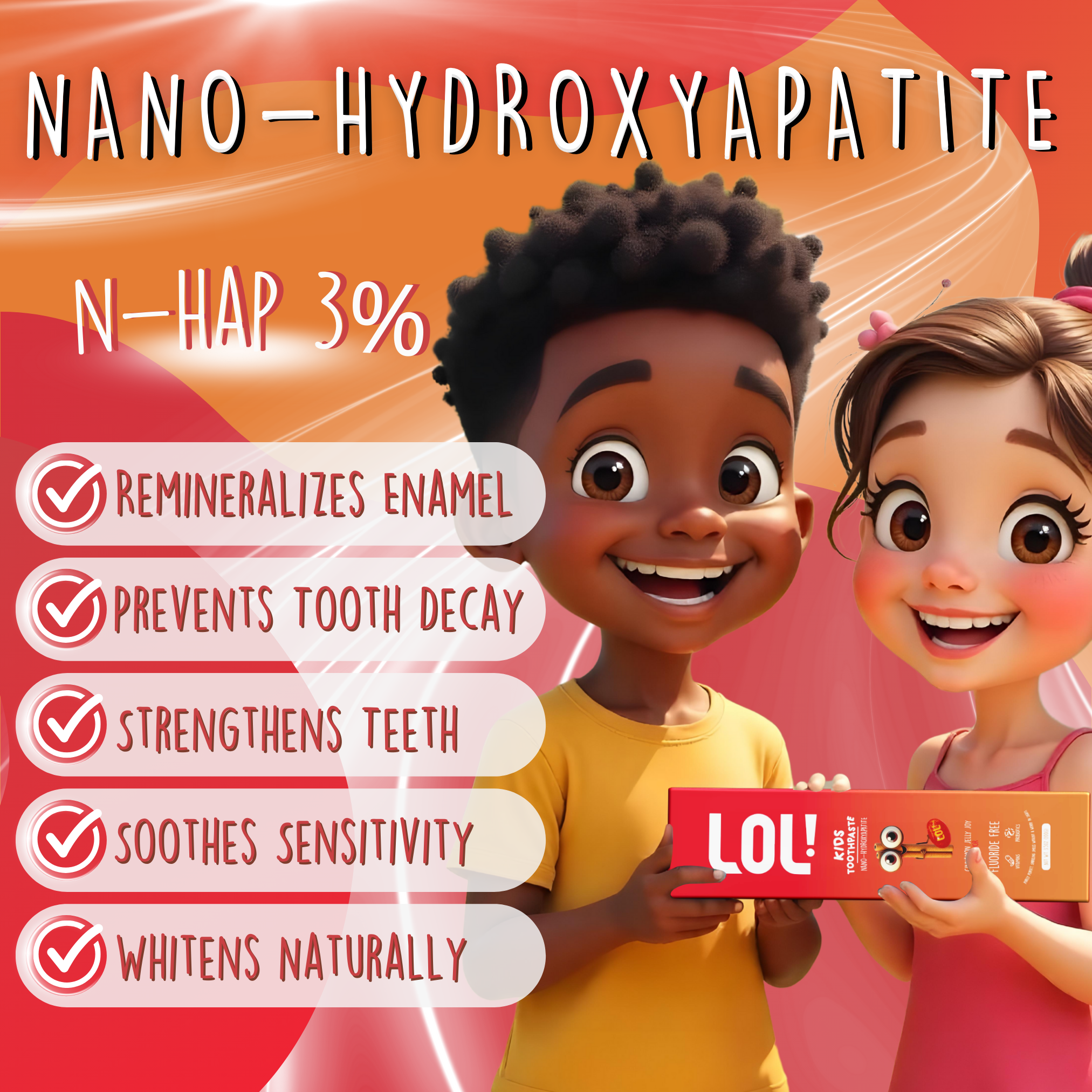 LOL Kids Fluoride-Free Toothpaste with Nano Hydroxyapatite, Probiotics, Vitamins A, C, E | Safe if Swallow, 100% Natural Whitening, No SLS, No Artificial Colors (3.5oz, Cinnamon Jelly Joy)