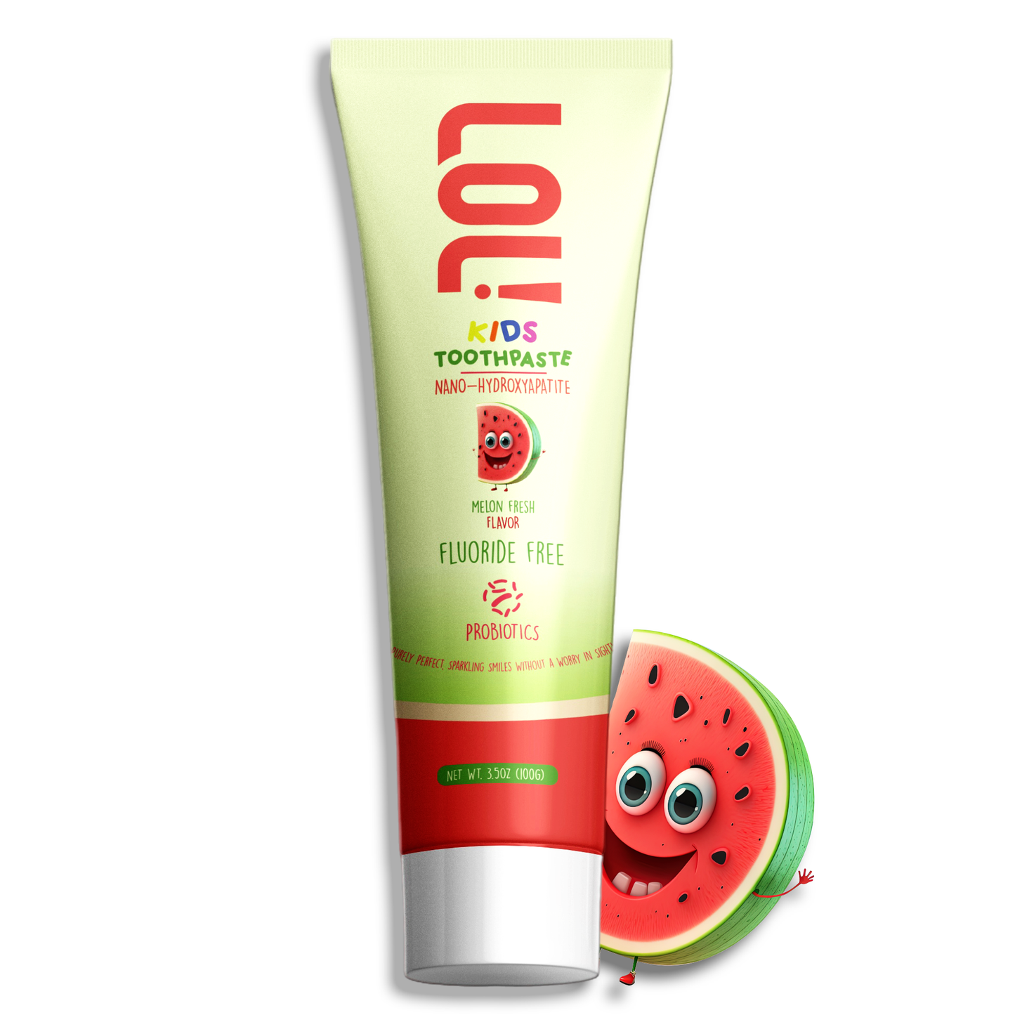 LOL Kids Fluoride-Free Toothpaste with Nano Hydroxyapatite, Probiotics, Vitamins A, C, E | Safe if Swallow, 100% Natural Whitening, No SLS, No Artificial Colors (3.5oz, Melon Fresh Flavor)